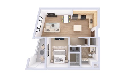Floor plan for 1 bed, 1 bath, 764 sqft